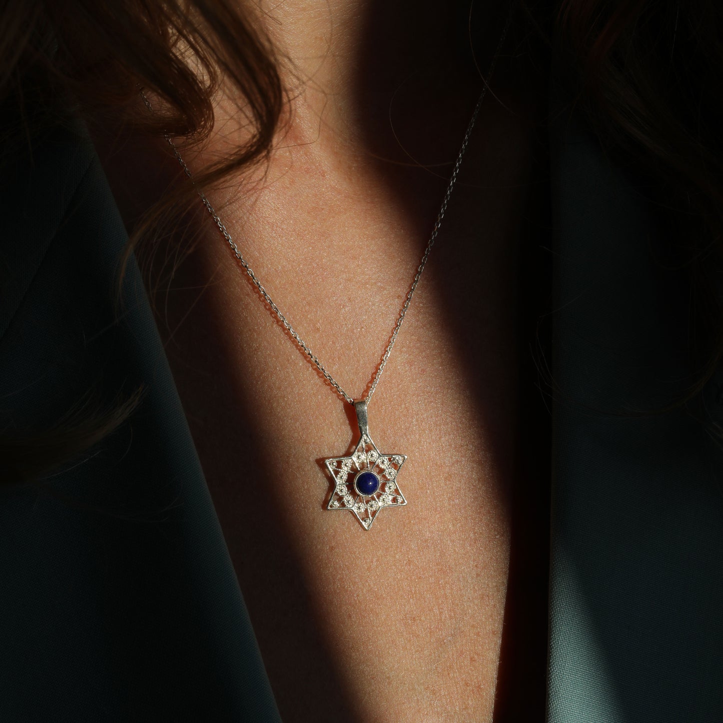Lapis Lazuli Sterling Silver Star of David Necklace