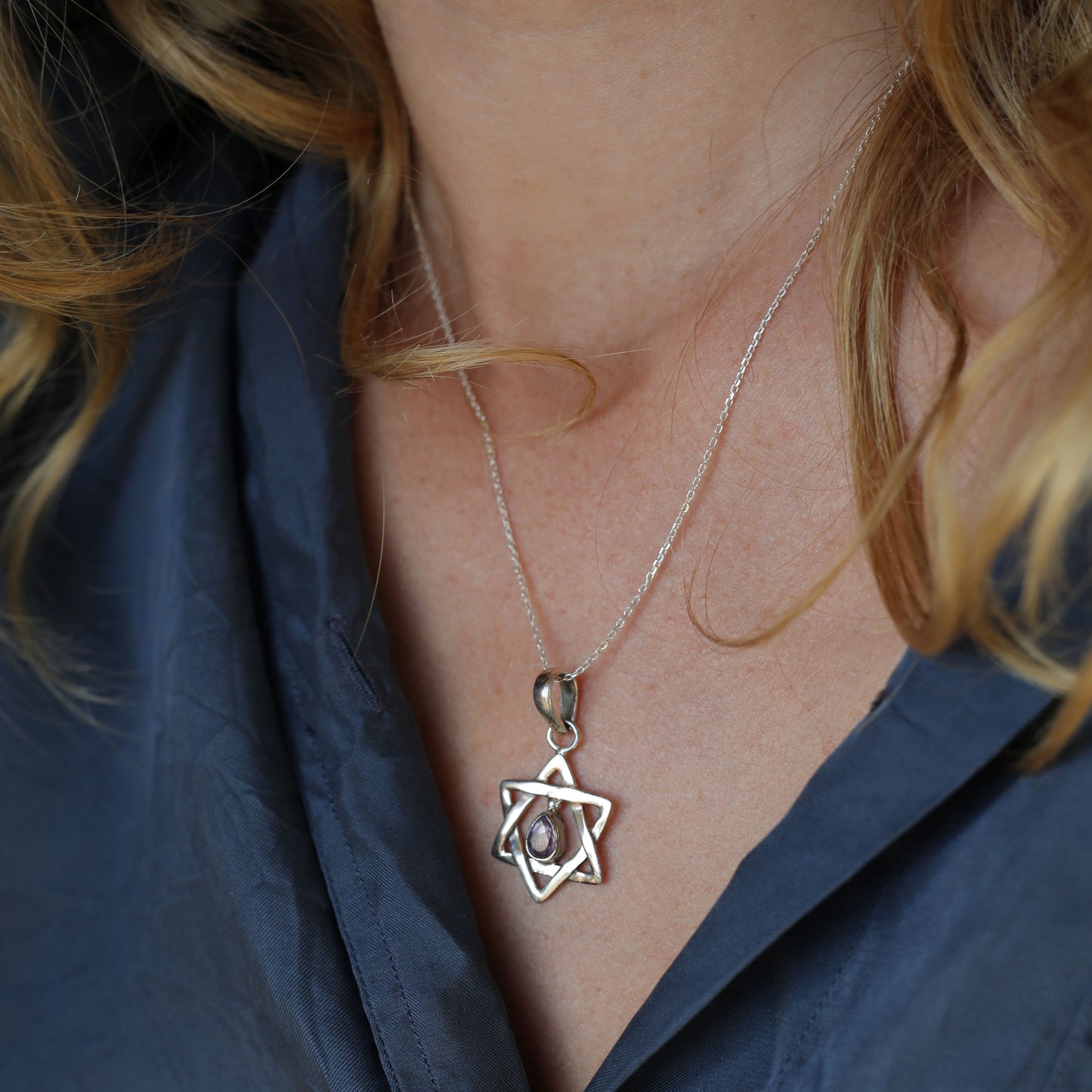 Amethyst Adorned Star of David Sterling Silver Pendant