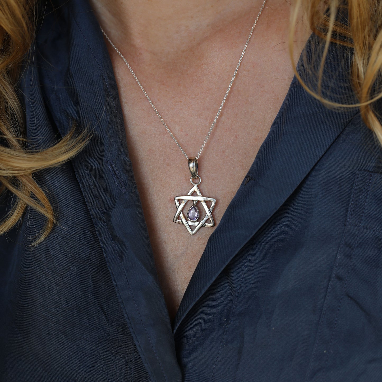 Amethyst Adorned Star of David Sterling Silver Pendant