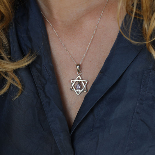 Amethyst Adorned Star of David Sterling Silver Pendant