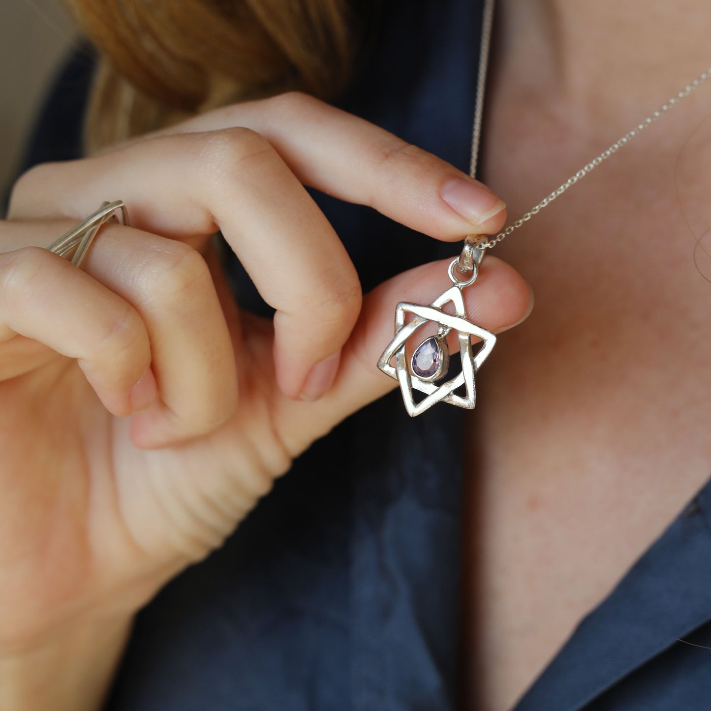 Amethyst Adorned Star of David Sterling Silver Pendant