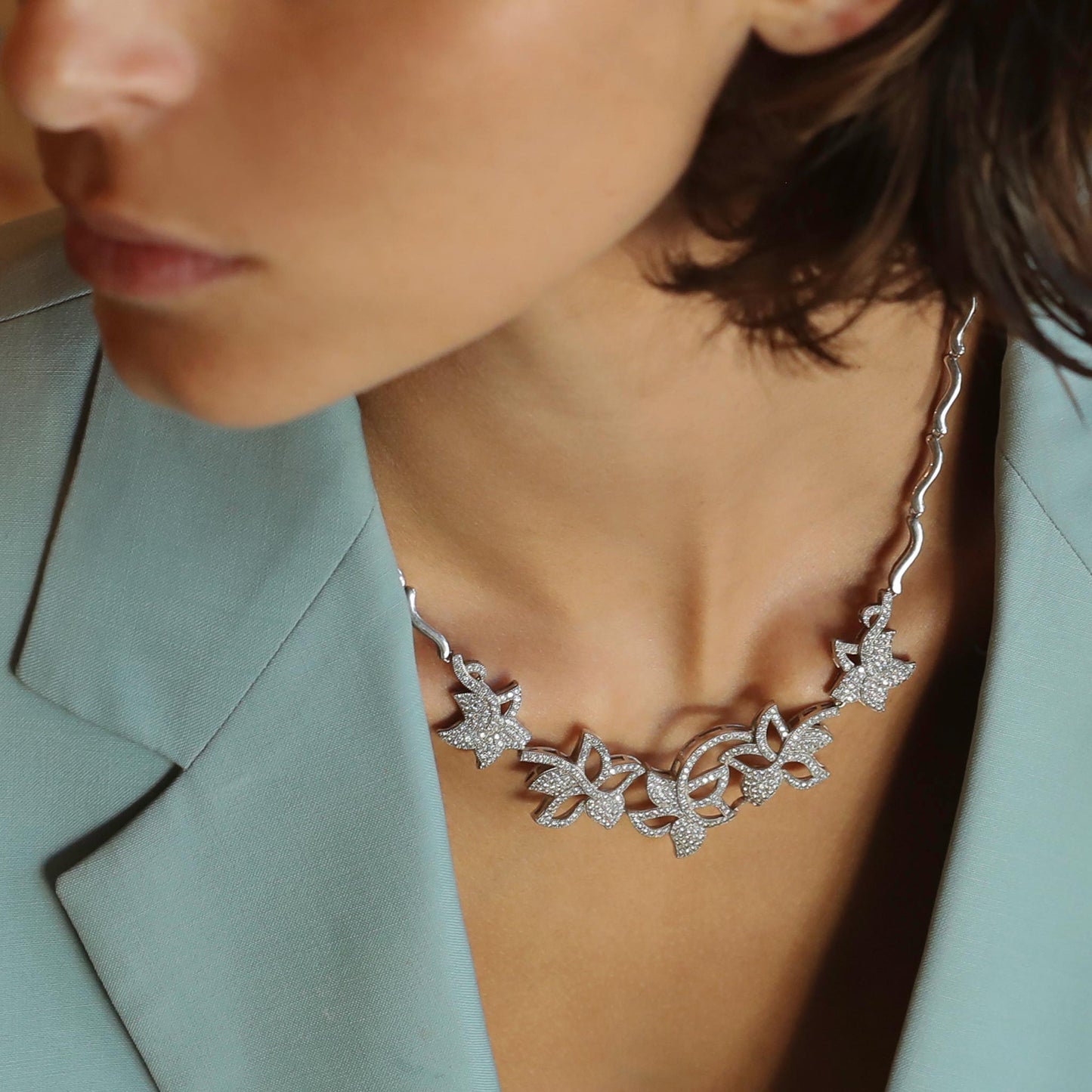 Modern Silver Floral Necklace With Micro-Sting  Zircons