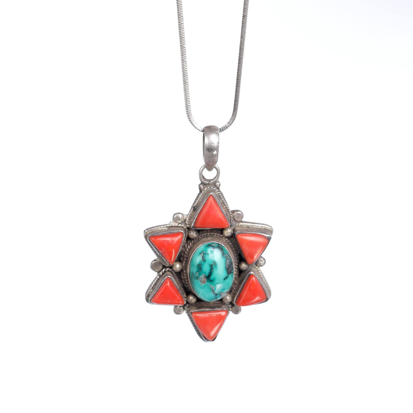Star of David Pendant with corals and turquoise stones-  Navajo style