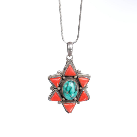 Star of David Pendant with corals and turquoise stones-  Navajo style