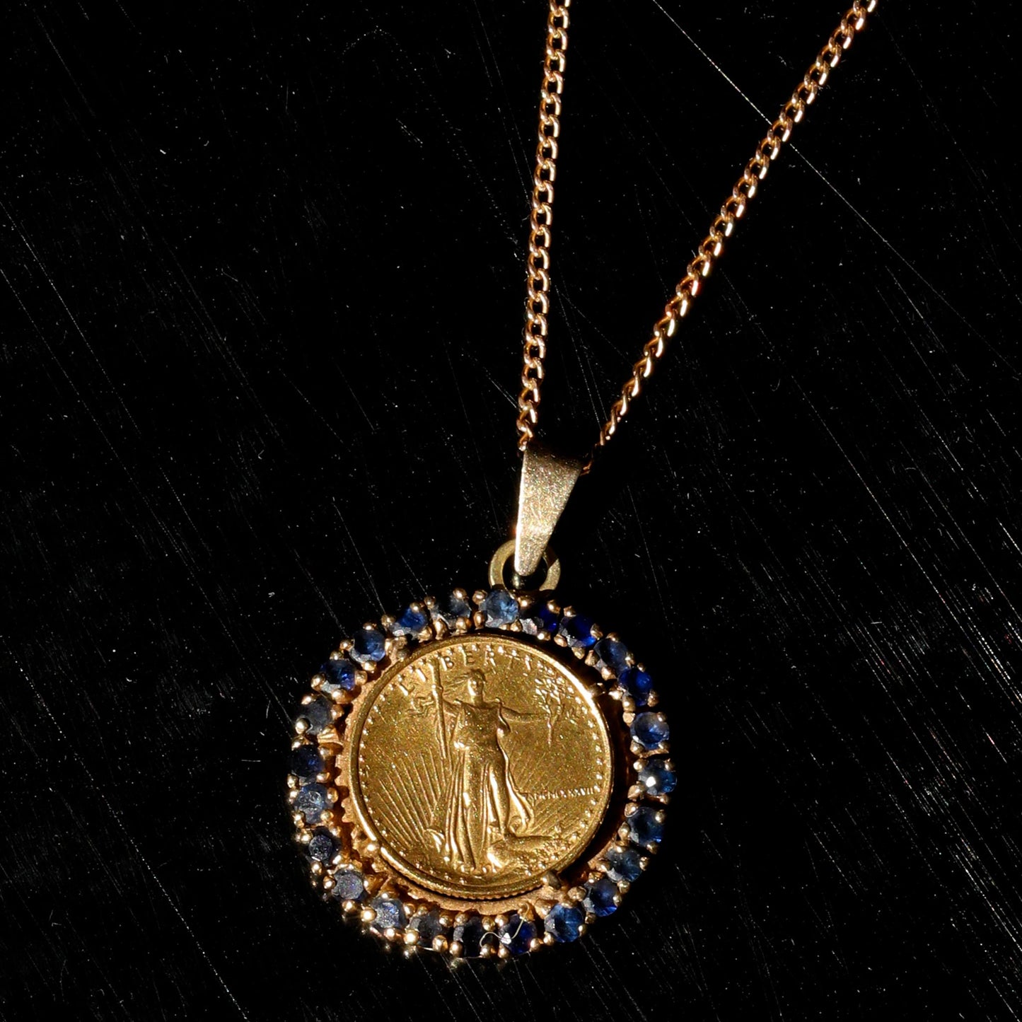 Antique Gold Coin and Sapphire Pendant Necklace in 22  Karat Gold