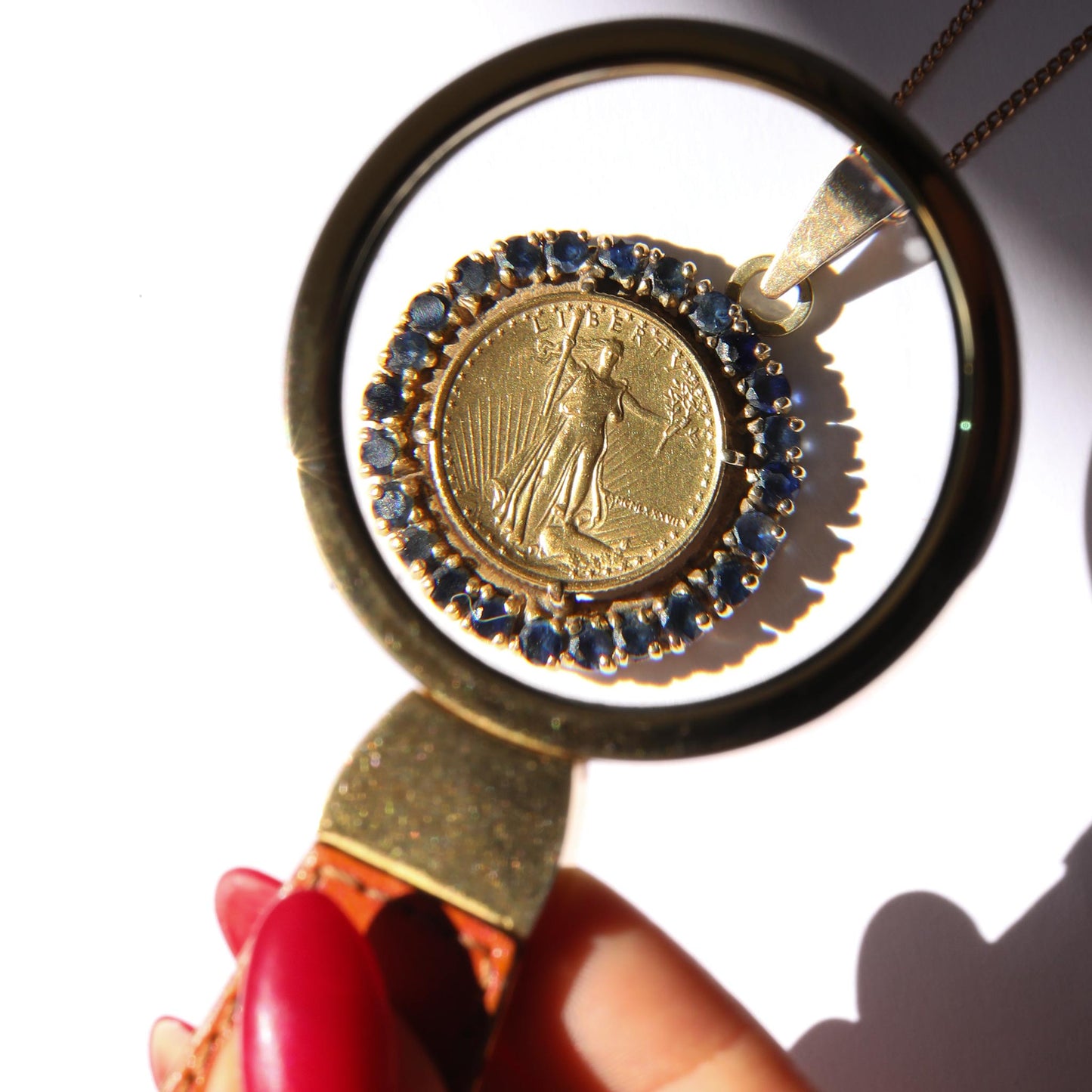 Antique Gold Coin and Sapphire Pendant Necklace in 22  Karat Gold