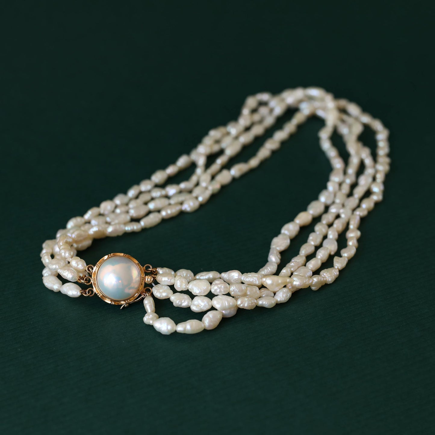 Vintage Quadruple-Strand Rice Pearl Necklace-with pure 14-carat gold