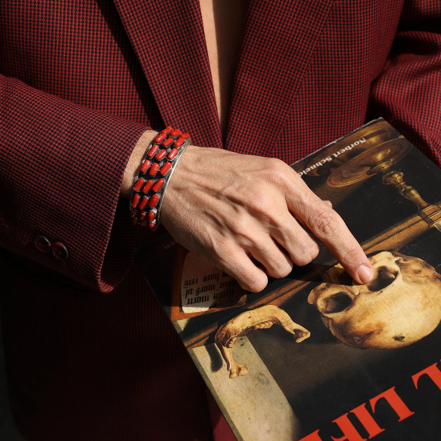 silver 925 cuff combined with real red coral stones
