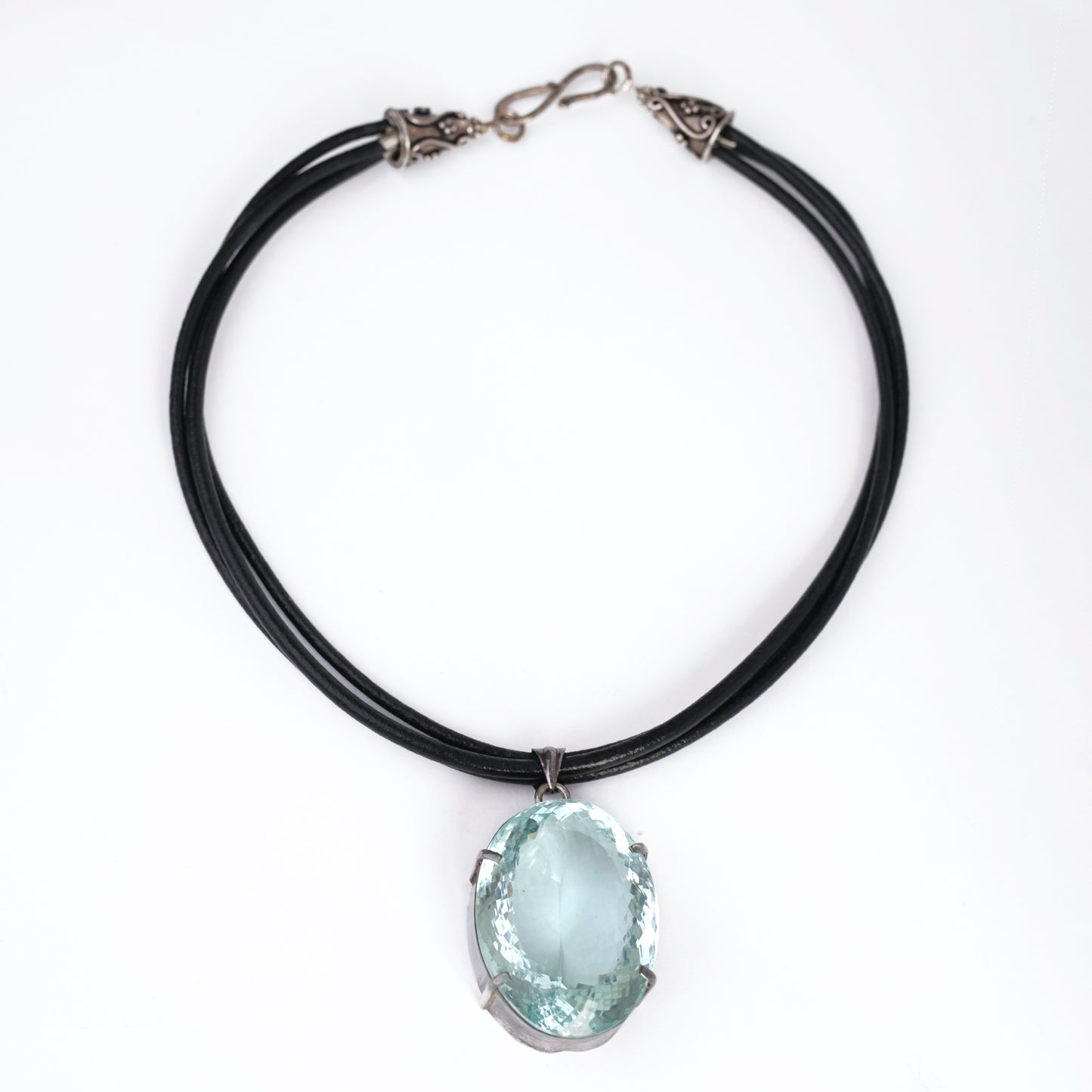 Large Blue Topaz Quartz Pendant on Leather Necklace – Sterling Silver Clasp
