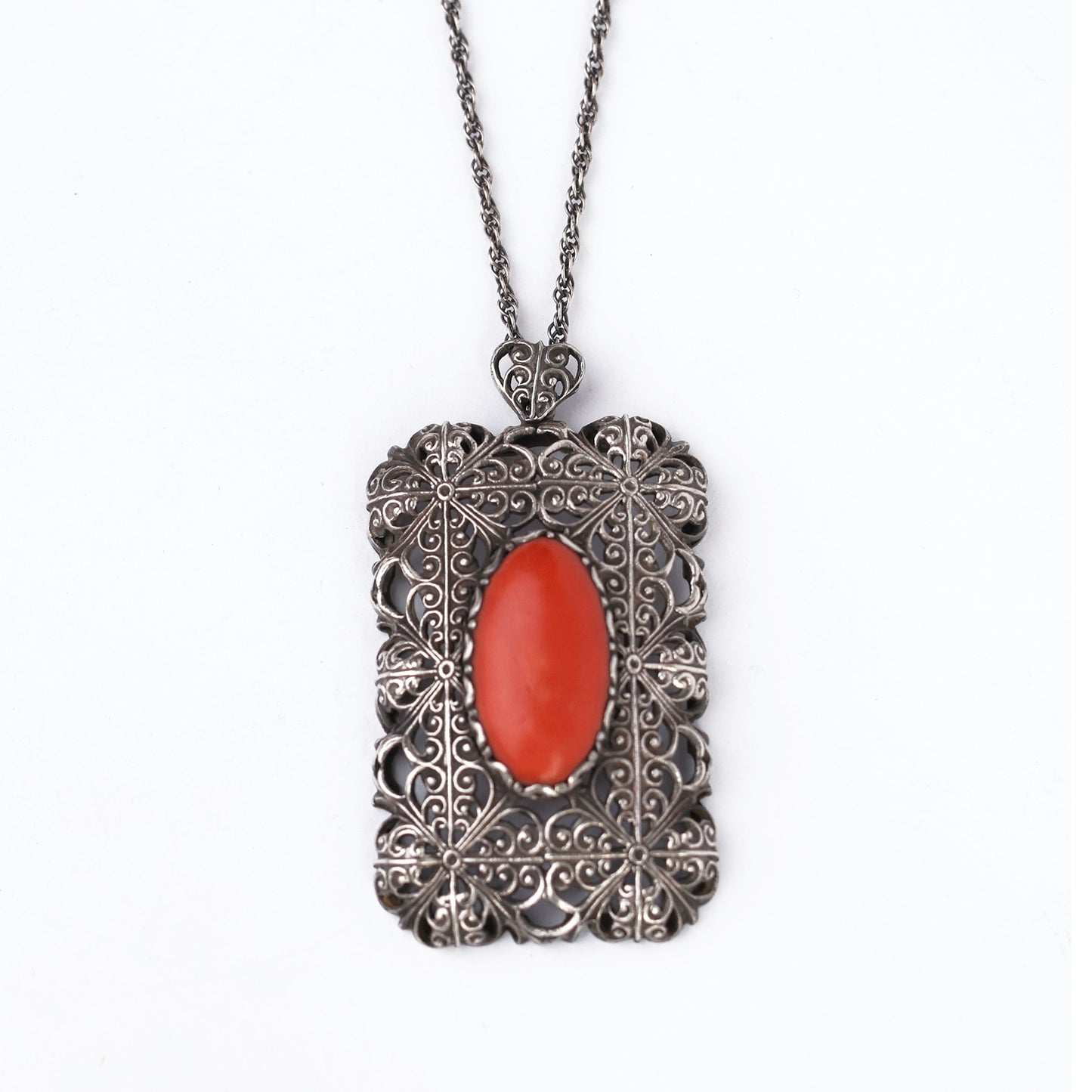 Vintage Art Deco Style Silver Filigree Pendant with Red Coral
