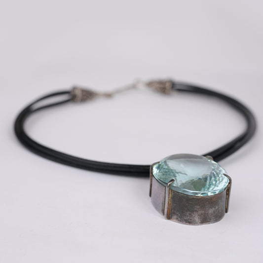 Large Blue Topaz Quartz Pendant on Leather Necklace – Sterling Silver Clasp