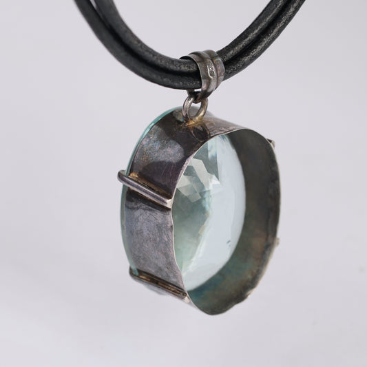 Large Blue Topaz Quartz Pendant on Leather Necklace – Sterling Silver Clasp