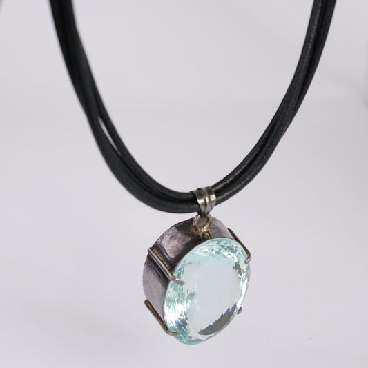 Large Blue Topaz Quartz Pendant on Leather Necklace – Sterling Silver Clasp
