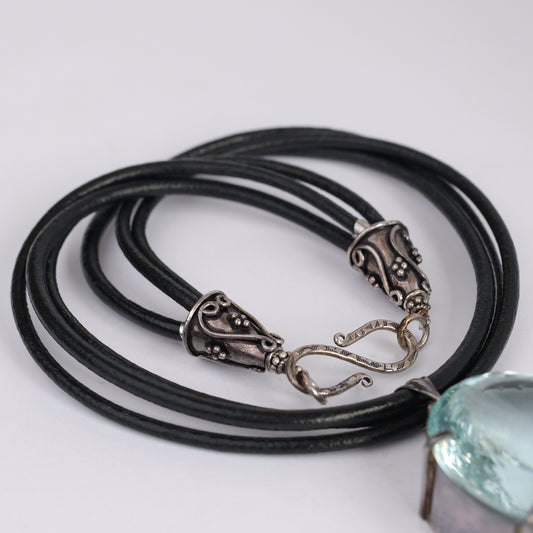 Large Blue Topaz Quartz Pendant on Leather Necklace – Sterling Silver Clasp