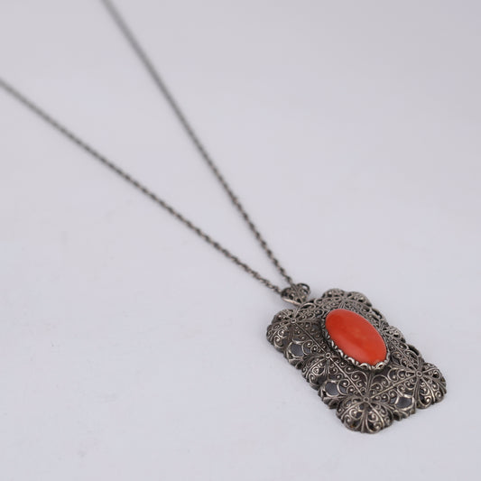 Vintage Art Deco Style Silver Filigree Pendant with Red Coral