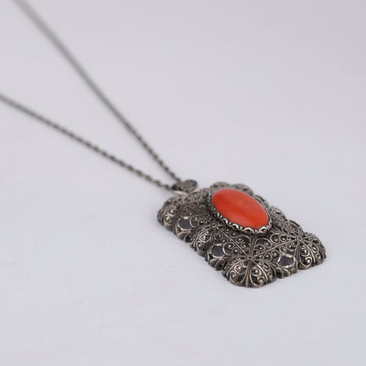 Vintage Art Deco Style Silver Filigree Pendant with Red Coral