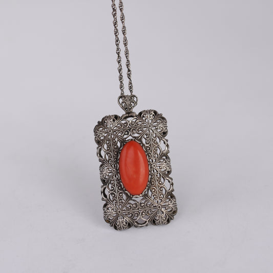 Vintage Art Deco Style Silver Filigree Pendant with Red Coral