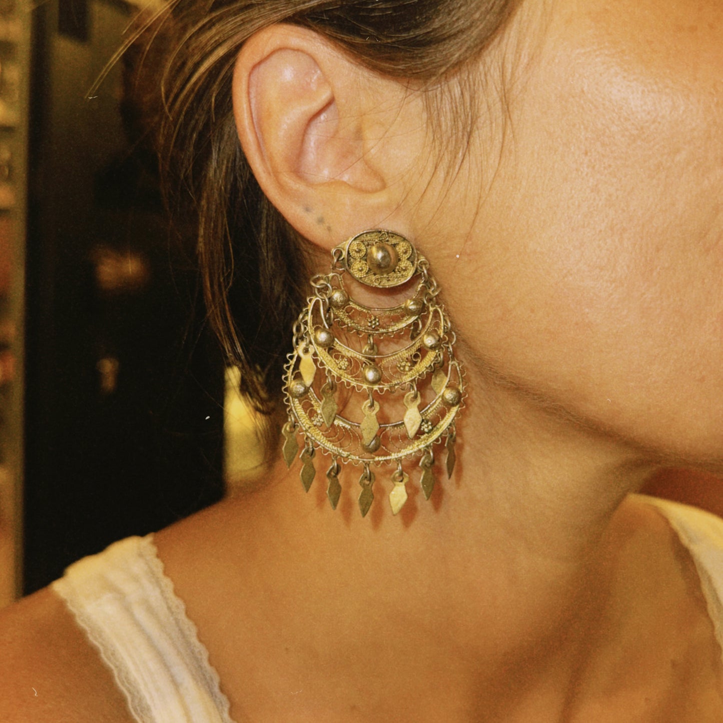 One-of-a-Kind Antique Yemeni Gold-Plated Silver Filigree Clip-On Earrings