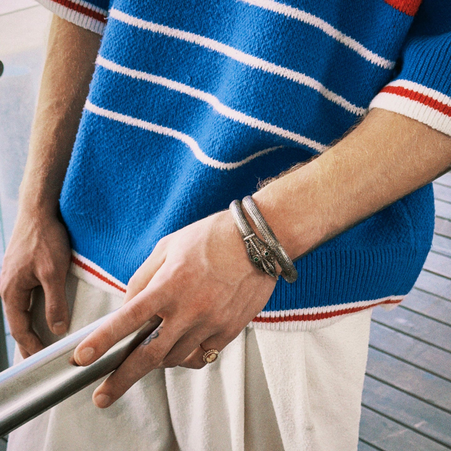 Antique snake 925 Silver Bracelet with green zircons