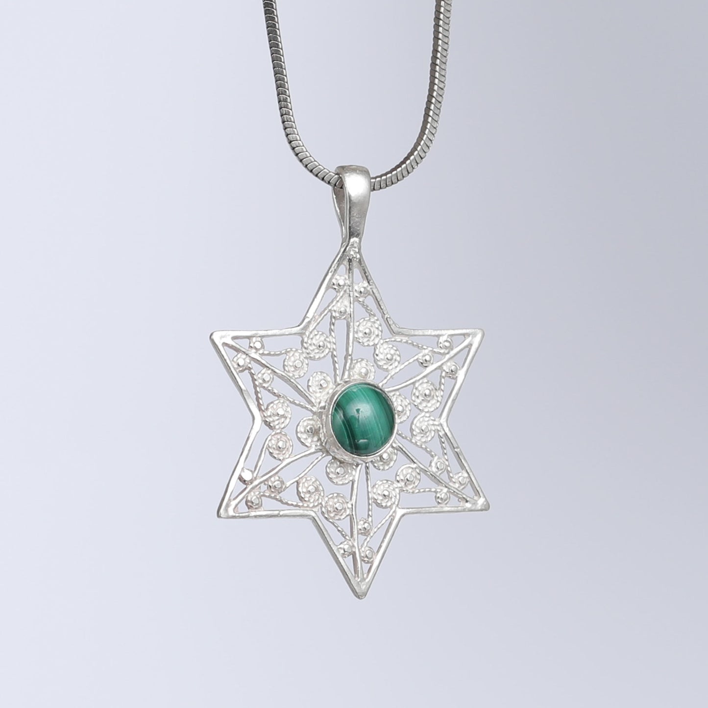 Malcit Stone Elegance: Sterling Silver Star of David Pendant