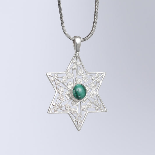 Malcit Stone Elegance: Sterling Silver Star of David Pendant