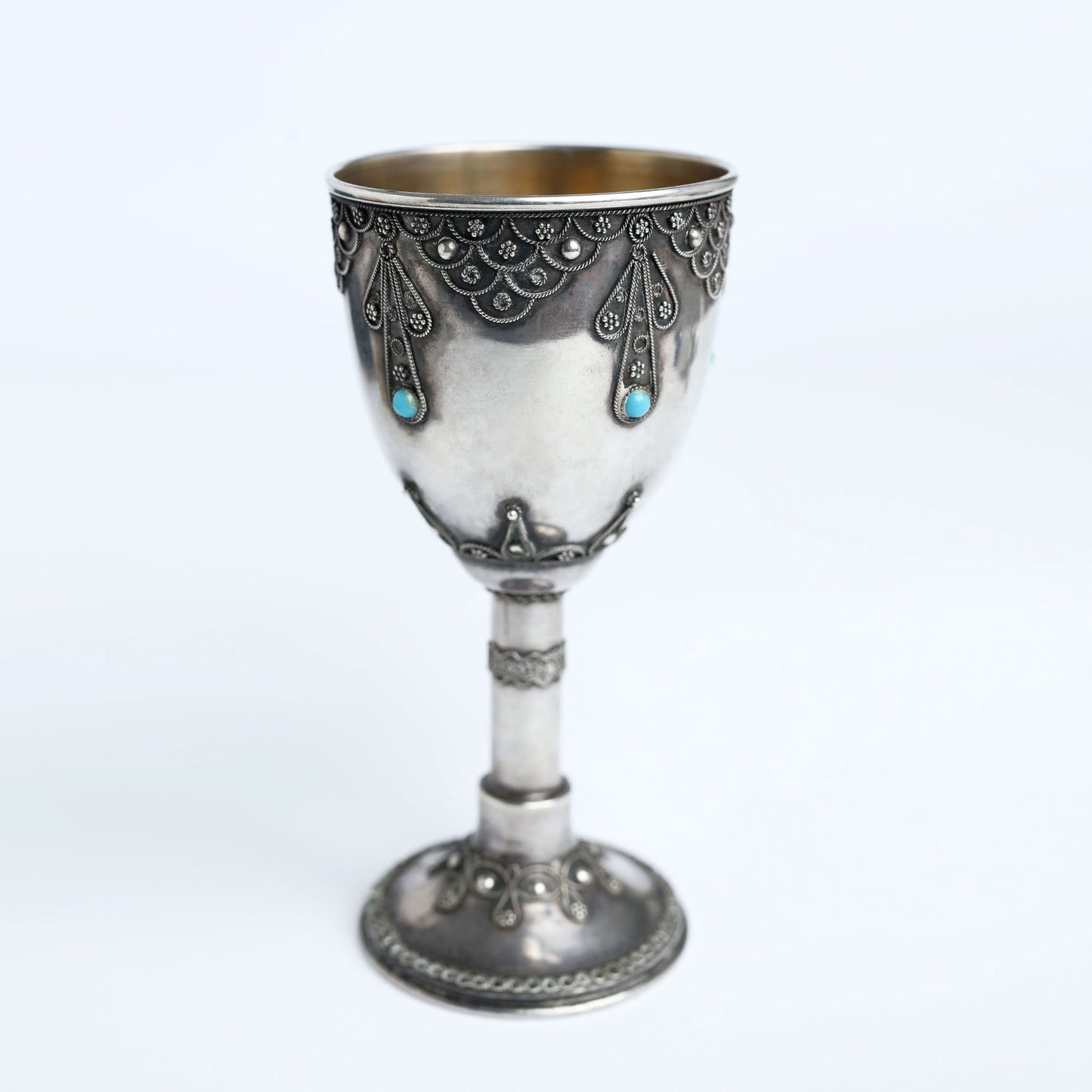 1950s Silver Kiddush Cup with Turquoise Stones and 'Jerusalem' Stamp